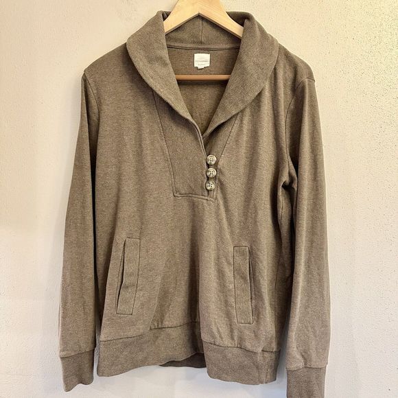 Banana Republic women's tan cotton sweater w/‎ button Kangaroo Pockets SZ Large - Picture 8 of 12